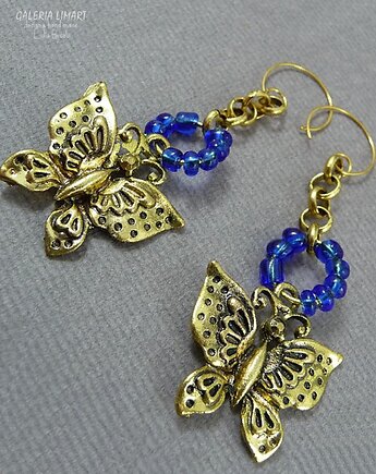 Złoty motyl z kobaltem urocze długie modne kolczyki w stylu boho handmade, Galeria Limart