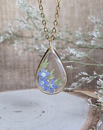 Wieczne kwiaty złoty wisiorek prawdziwe kwiaty naszyjnik niezapominajki, zkwiatem