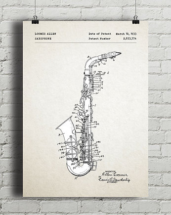 Saksofon - patent - plakat vintage, minimalmill