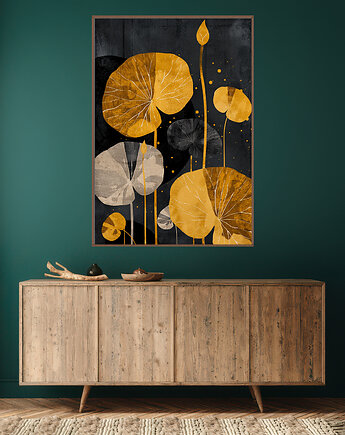 Liście lotusu - Plakat, druk - Chiński Orient, Harmonia Zen, Wabi Sabi #108, Black Sapphire Art