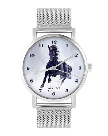Zegarek - Czarny koń, cyfry - bransoleta mesh, OKAZJE - Prezenty na 18 dla chłopaka