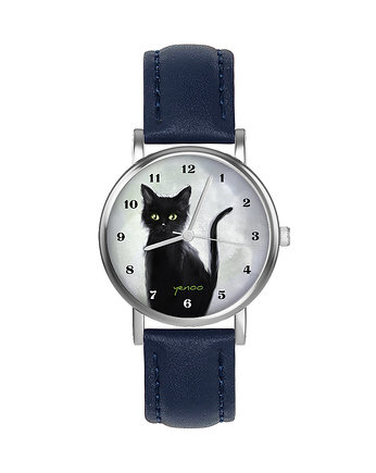 Zegarek  mały - Czarny kot - skórzany, granatowy, OSOBY - Prezent dla chłopaka na urodziny