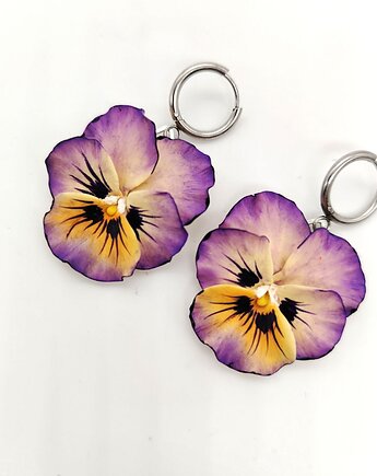 Kolczyki bratki żółte fioletowe wiszące handmade, kwiaty z gliny polimerowej, Albina LaBelle