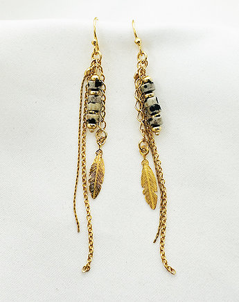 Kolczyki  z kamieni, czarno biały jaspis,złote piórko, Anemon Atelier