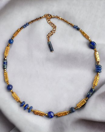 Naszyjnik LAPIS LAZULI i  LAWA : granatowo - złoty, kaktusia