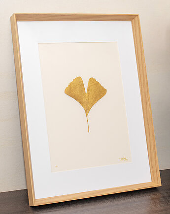 Obraz botaniczny 3D. Złoty Liść Miłorzębu. Beżowa ramka 30x40 cm, Kuźnia Obrazów