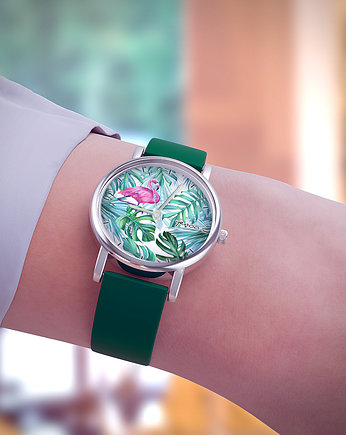 Zegarek  mały - Flaming, tropikalny - silikonowy, zielony, yenoo