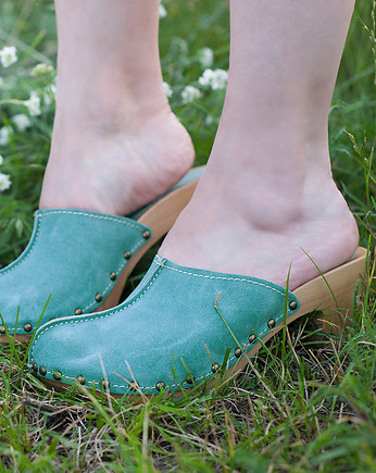 Drewniaki na obcasie ze skóry naturalnej i drewna, MKclogs