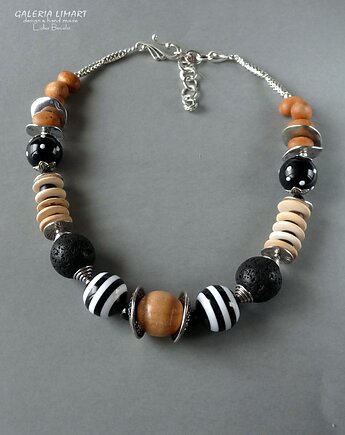 Biało-czarno-beżowy oryginalny naszyjnik mix w stylu boho handmade prezent, Galeria Limart