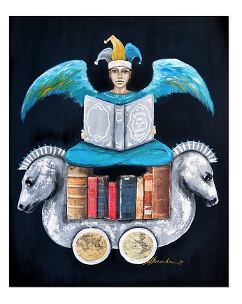 Anioł Bibliofil 16 oryginalny obraz ręcznie malowany collage, Galeriai