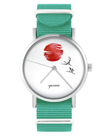 Zegarek - Japońskie żurawie 2 - turkusowy, nylonowy, yenoo