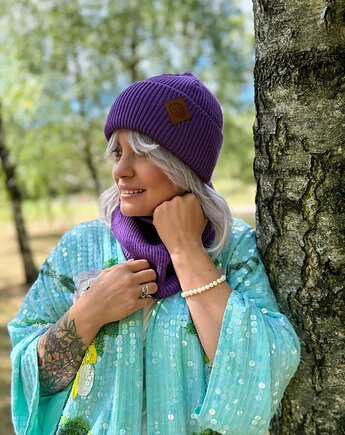 Bawełniana czapka beanie logo ekoskórka Fiolet