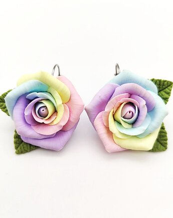 Kolczyki tęczowe róże handmade z gliny polimerowej stal, Albina LaBelle