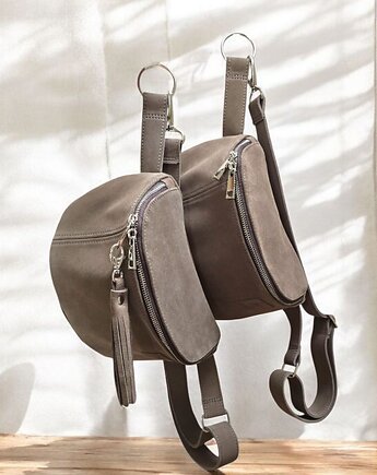 Duża nerka saszetka taupe. Skóra zamszowa  z frędzlami, UNIQUE HandMade