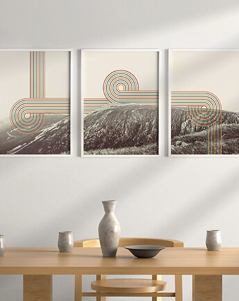 Plakaty góry Karkonosze, zestaw/tryptyk w stylu retro, mid-century., Grawisfera