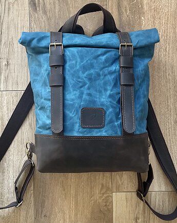 Niebiesko-brązowy plecak z bawełny woskowanej i skóry zapinany na dwie klamry, Rkabags