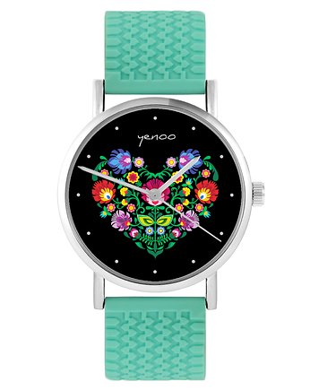 Zegarek - Folkowe serce, czarne - silikonowy, turkus, yenoo