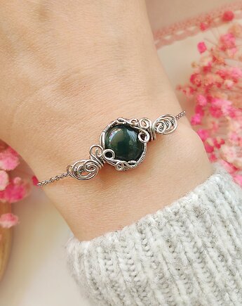 Bransoletka Agat Zielony stal chirurgiczna handmade wirewrapping, byNostawen