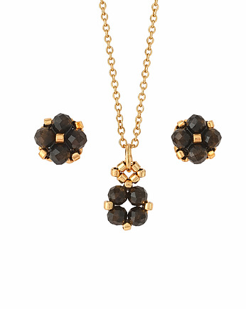 Komplet Biżuterii Obsydian Złocisty - Kolczyki Sztyfty i Naszyjnik, STAGHORN