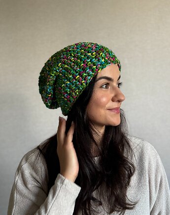 Kolorowa duża czapka beanie z wełną i alpaką, Zasznurowane