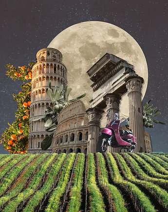 Plakat, kolaż Italian Journey, zfragmentow