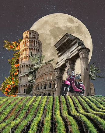 Plakat, kolaż Italian Journey, zfragmentow