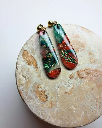 Czerwono zielono złote wiszące kolczyki krople na sztyftach, Marshmaglow