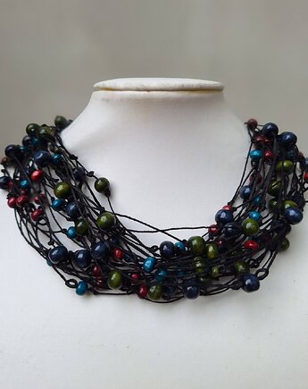 Letni Naszyjnik lniany z kolorowym drewnem.Stonowany, cynamonn