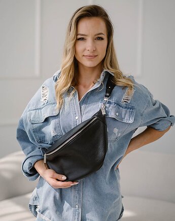 Skórzana duża nerka - BEANIE BAG MAXI - czarna, NASHE