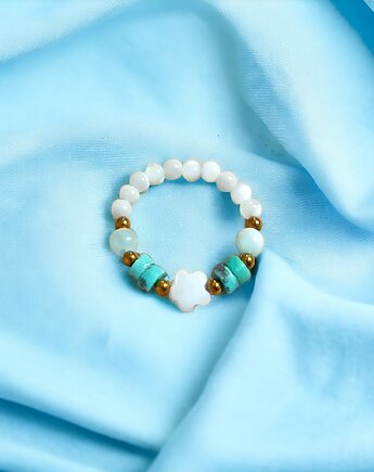 Pierścionek : turkus, angelit, muszla, hematyt., kaktusia