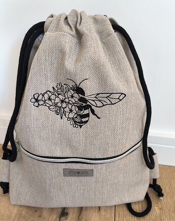 Worek beżowy z pszczołą z kieszonką na suwak, Made by Joan
