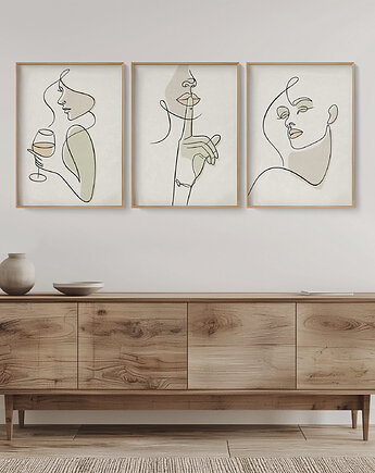Zestaw 3 stylowych plakatów w stylu Boho, kobieta, twarz, line art., Grawisfera