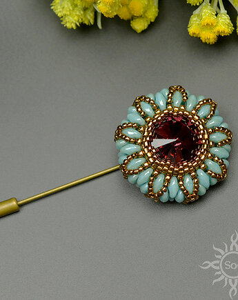 Marsala, szpila, broszka, beading, Sol