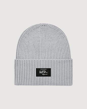 Czapka beanie w gruby prążek długa jasnoszara, HARP TEAM