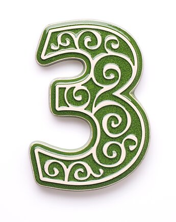 Numer domu, cyfra 3, zielona z jasnym ornamentem, pracowniazona