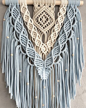 Błękitna Makrama Ścienna LAZURIA z Koralikami  Boho 40x60 cm, Pracownia Wardin