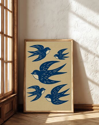 PLAKAT ptaki , jaskółki grafika,  niebieska dekoracja ścienna, black dot studio