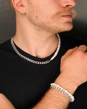 Naszyjnik męski srebrny z perłami, Ade Art