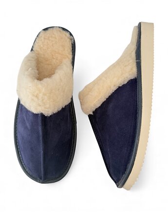 Pantofle damskie z wełną i z naturalnego zamszu granatowe, MKclogs
