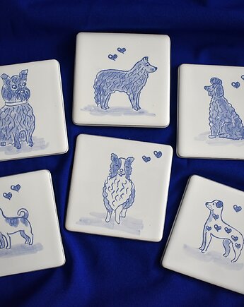 Kafle ręcznie malowane- podkładki ceramiczne psy mix, Kobaltowa Sroka