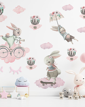 Różowe króliczki chmurki naklejki na ścianę, Dekoracjan
