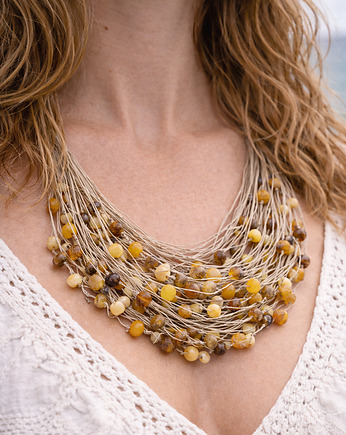 Naszyjnik bursztynowy w sylu boho, naszyjnik lniany, bursztyn bałtycki, AmberMal