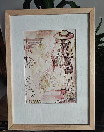 Akwarela mixed media orginalny sygnowany, W sznurkach Zakrecona
