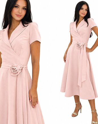 Różowa Sukienka z kołnierzem rozkloszowana krótki rękaw 34-54, MM FASHION