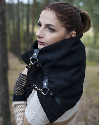 Szal wełniany ze skórą, Unisex - Rockowy Czarny, Green Sheep