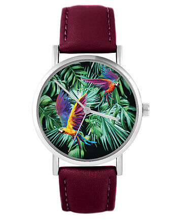 Zegarek - Papugi, tropikalny - skórzany, burgund, yenoo