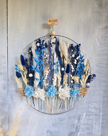Zimowa dekoracja ścienna - obręcz z suszonymi kwiatami, BohoSuszki