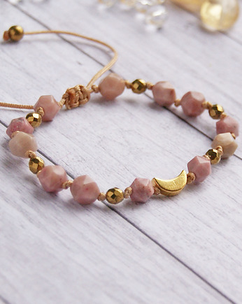 Rodonit - MIŁOŚĆ- lunula - amulet - bransoletka supełkowana, kaktusia