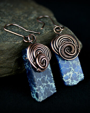 Jaspis lazurowe wybrzeże kolczyki wire wrapping, Blue Pearl Art