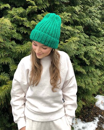 Wełniana zielona czapka Lily long 100% wełna handmade ręcznie robiona, GANGSTA KNIT